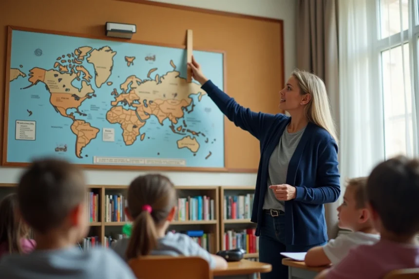 Enseignante montrant une frise chronologique des rois de France à ses élèves dans une salle de classe colorée