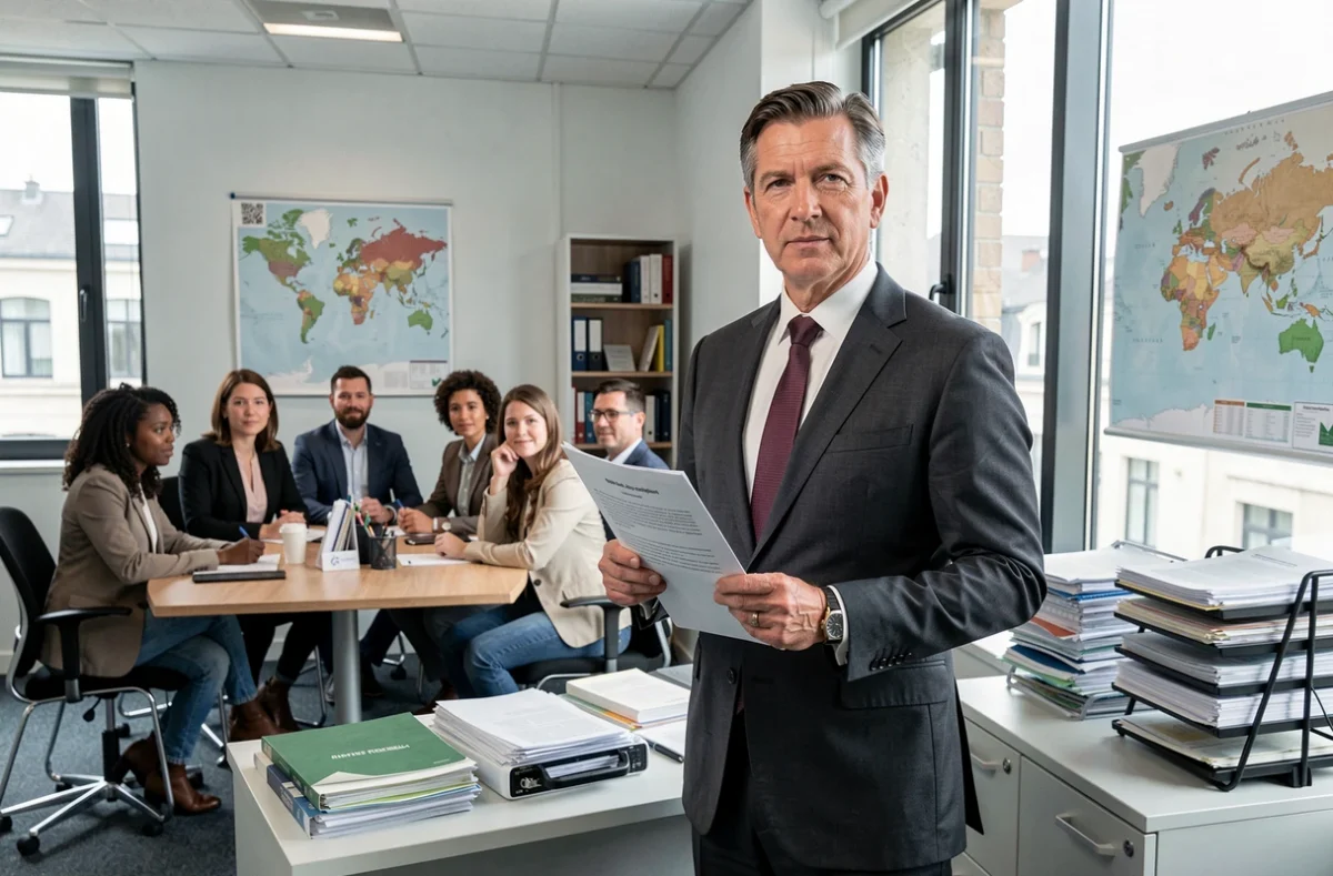 Avocat spécialisé en droit des étrangers à Tours debout devant une fenêtre dans un bureau moderne avec des clients en arrière-plan