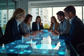 Groupe de professionnels collaborant autour d'une table digitale lumineuse