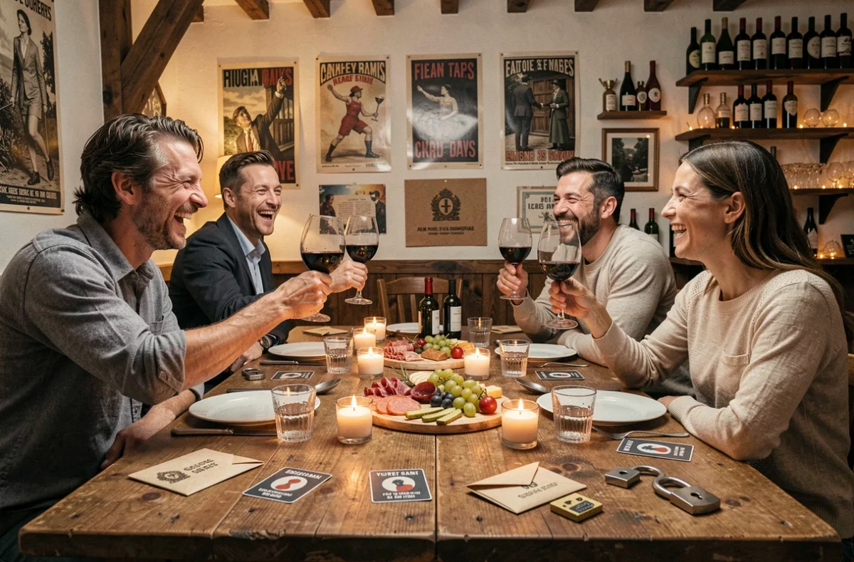 Quatre amis jouant à l'Escape Game Apéro autour d'un verre et d'une planche de charcuterie à Orléans