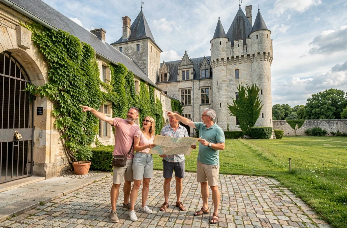 Groupe de joueurs participant à l'escape game en plein air dans la cour du château de Sully-sur-Loire