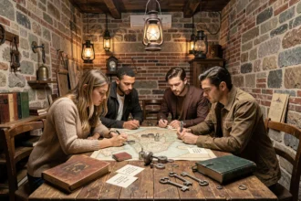 Groupe de joueurs résolvant des énigmes dans une salle d'escape game décorée de cartes anciennes et de cadenas dans le Loiret