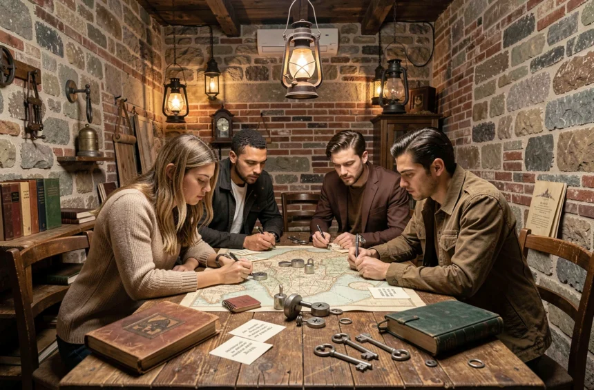 Groupe de joueurs résolvant des énigmes dans une salle d'escape game décorée de cartes anciennes et de cadenas dans le Loiret