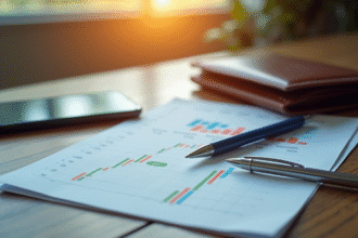 Espace de travail organisé avec portefeuille et marché boursier