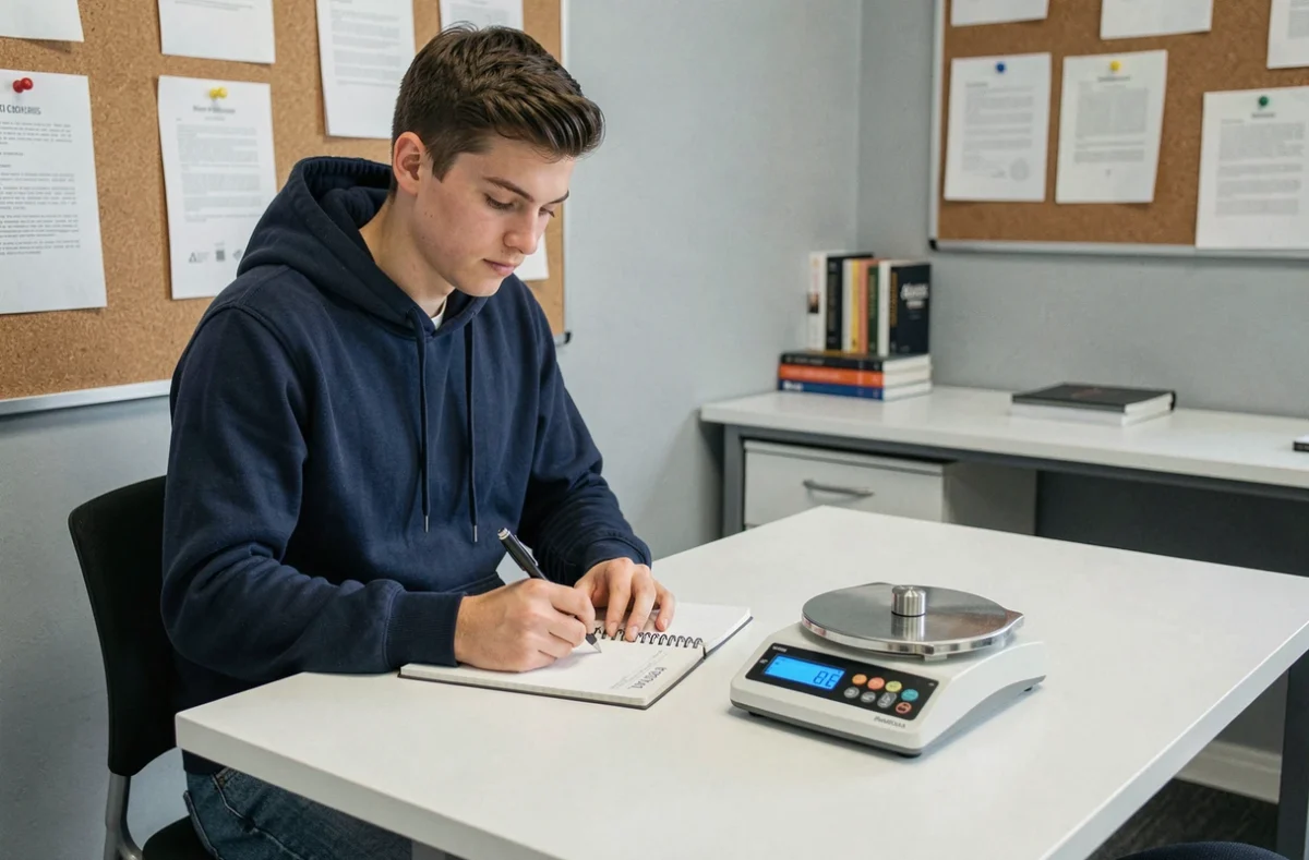 Étudiant prenant des notes devant une balance numérique scientifique pour comprendre les unités de masse grammes et kilogrammes
