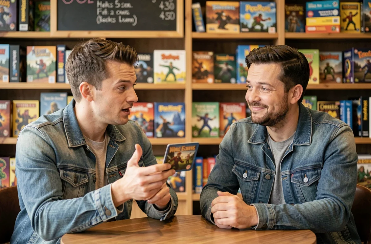 Deux hommes dans un café de jeux de société, l'un expliquant les règles à l'autre avec une carte en main