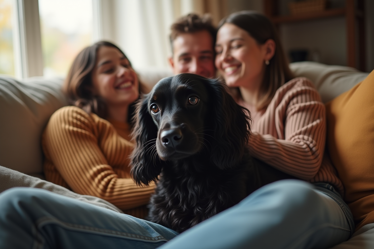 Famille avec cocker spaniel dans un salon chaleureux