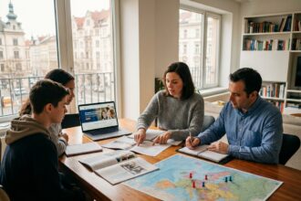 Famille internationale réunie autour d'une table pour préparer l'inscription dans une école privée internationale en Europe
