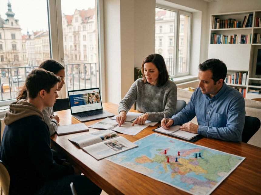 Famille internationale réunie autour d'une table pour préparer l'inscription dans une école privée internationale en Europe