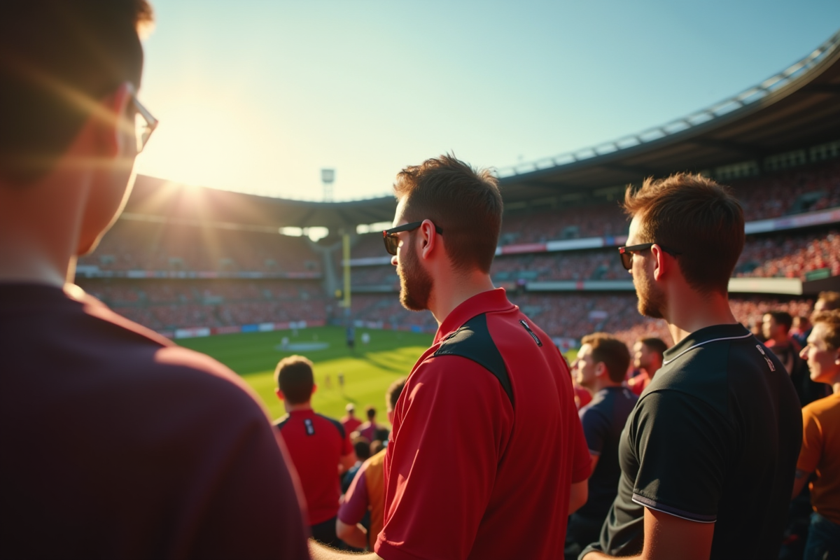 Fans de rugby discutant dans un stade moderne en plein jour