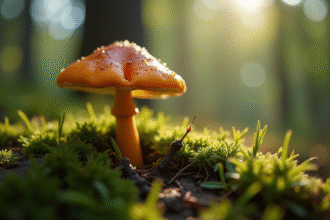 Champignon fausse chanterelle seul sur sol mousseux en forêt