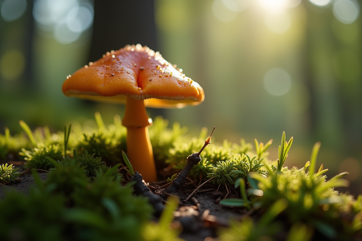 Champignon fausse chanterelle seul sur sol mousseux en forêt