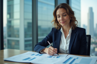 Femme d'affaires en bureau moderne analysant des rapports financiers