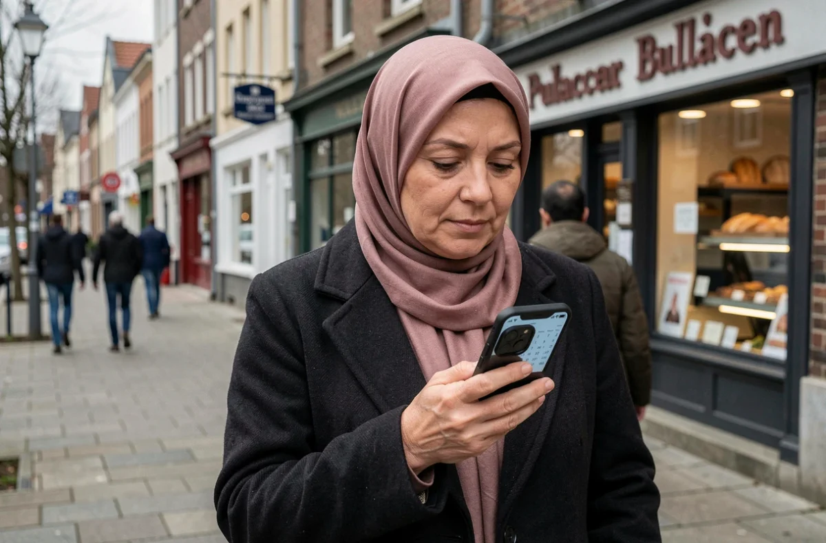 Femme consultant un agenda mobile avec les horaires de prières dans une rue d'Argenteuil