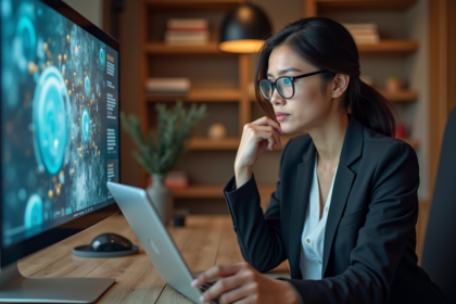 Femme pensant devant un écran d'art AI dans un bureau moderne