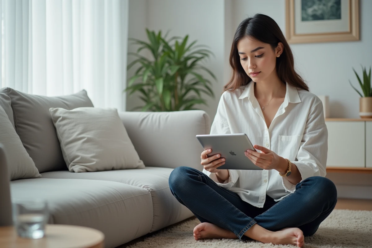 Femme analysant ses performances quotidiennes sur une tablette dans un salon minimaliste