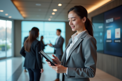 Jeune femme utilisant la biometrie dans une banque moderne