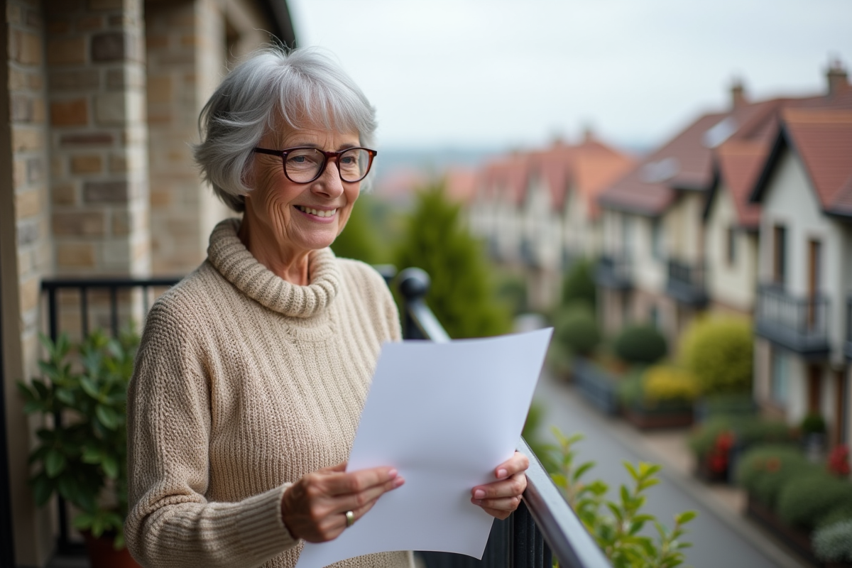 Femme âgée avec papiers immobiliers sur un balcon
