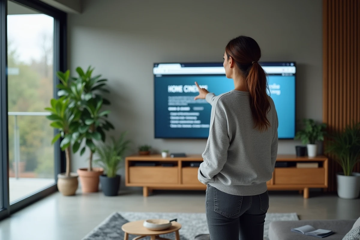 Femme pointant un blog home-cinéma sur grand écran TV dans un salon moderne minimaliste avec parquet béton