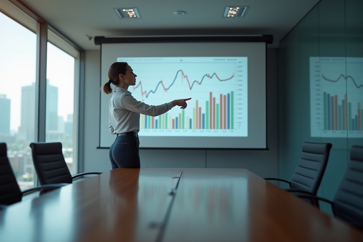 Femme professionnelle pointe un ecran dans une salle de réunion