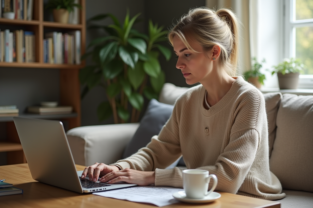 Femme en pull beige utilisant un ordinateur portable dans un salon