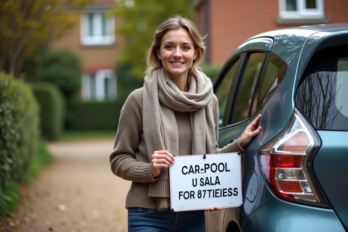 Femme posant une affiche de covoiturage sur sa voiture