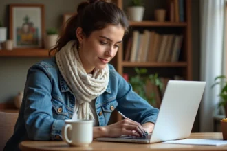 Femme en denim résolvant un crossword à la maison