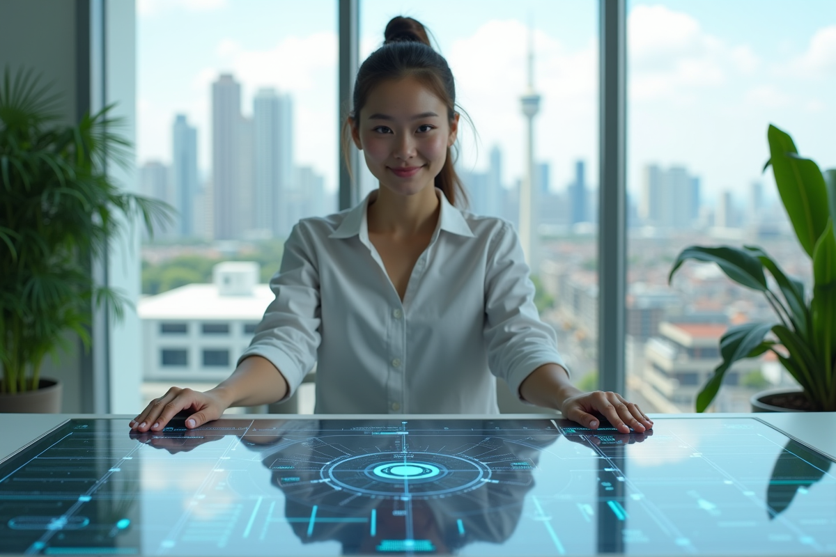 Jeune femme devant un tableau de bord avec ville solaire futuriste