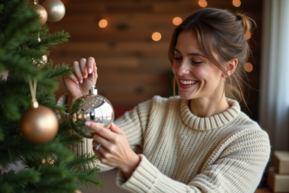 Femme accrochant une boule de Noël sur un sapin dans un intérieur chaleureux