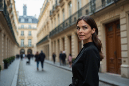 Femme élégante en robe noire dans une rue parisienne