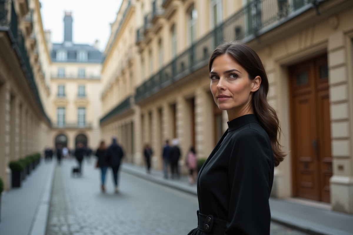 Femme élégante en robe noire dans une rue parisienne