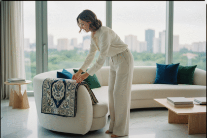 Femme élégante drapant un plaid dans un salon haut de gamme