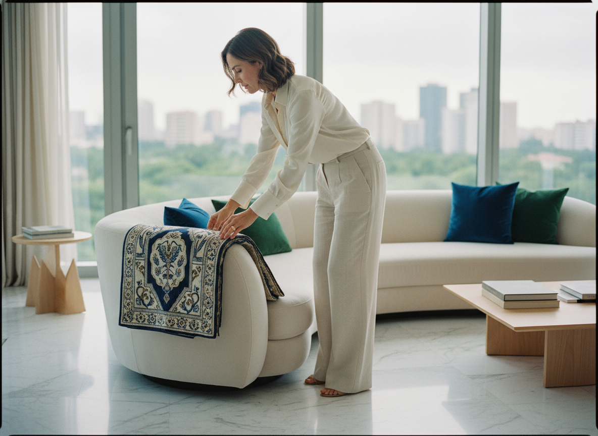 Femme élégante drapant un plaid dans un salon haut de gamme