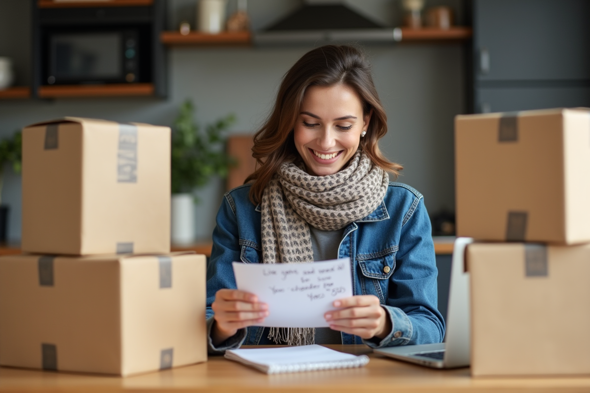 Femme examinant une étiquette d'expédition à la maison