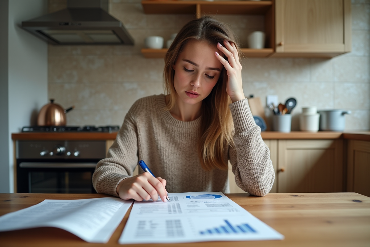 Jeune femme etudie des factures d energie a la maison