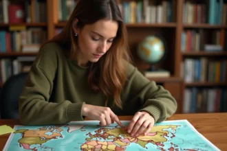 Jeune femme étudiant une carte des pays hispanophones sur un bureau en bois avec des livres de géographie en arrière-plan