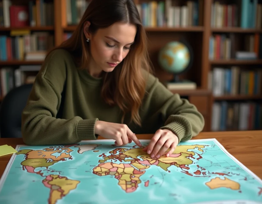 Jeune femme étudiant une carte des pays hispanophones sur un bureau en bois avec des livres de géographie en arrière-plan