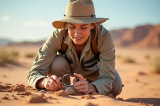 Femme en plein désert examinant une roche avec une loupe