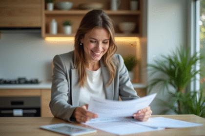 Femme d'affaires examine documents financiers à la maison