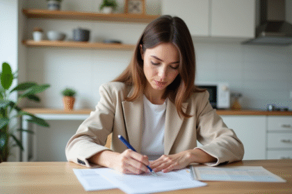 Femme remplissant des formulaires de logement dans une cuisine lumineuse