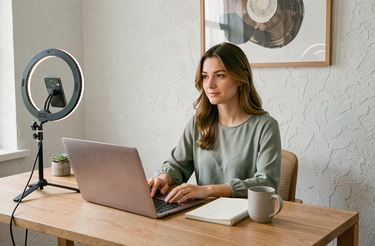 Jeune femme gérant sa présence en ligne depuis son bureau à domicile face à la notoriété sur les réseaux sociaux