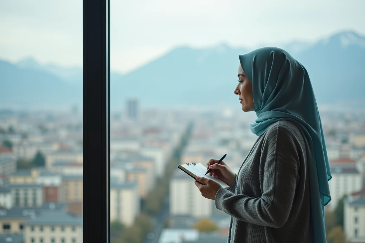 Femme en hijab notant les horaires de prière près d'une fenêtre avec vue sur une ville française