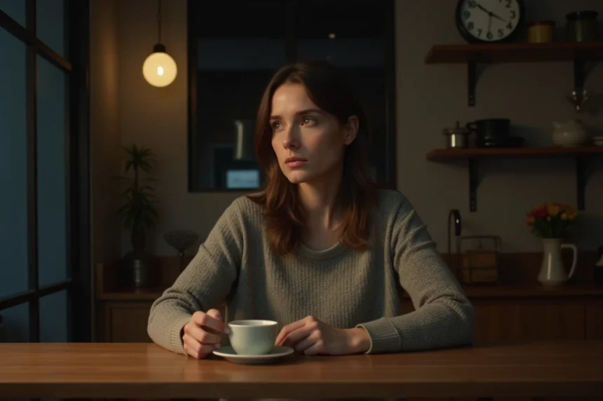 Femme contemplant une horloge affichant 23h23 dans une cuisine nocturne, symbolisant l'heure miroir et son interprétation mystique