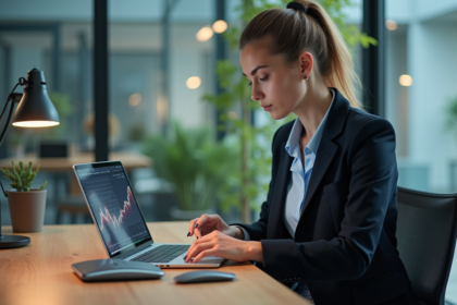Femme en blazer regardant des graphiques d'investissement