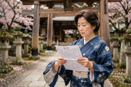 Femme japonaise tenant un mot croisé devant un torii à Kyoto, ville du Japon en 5 lettres