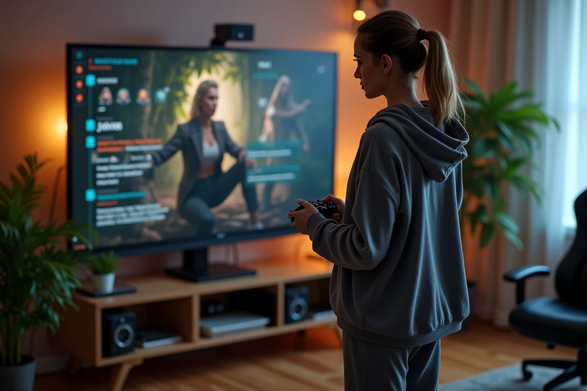 Femme en hoodie joue à un jeu avec un écran de build fantasy