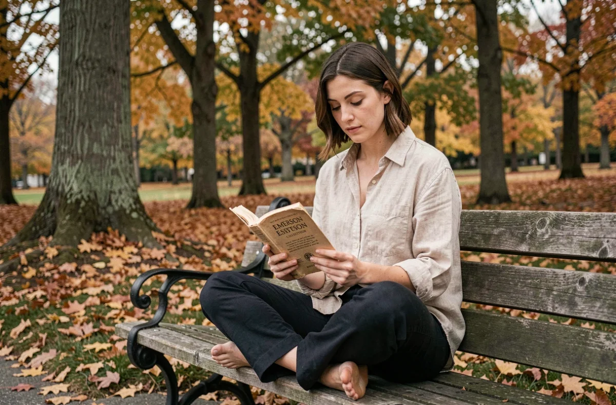 Jeune femme lisant un recueil d'essais philosophiques dans un parc aux couleurs automnales, inspirée par la pensée d'Emerson sur l'auto-développement