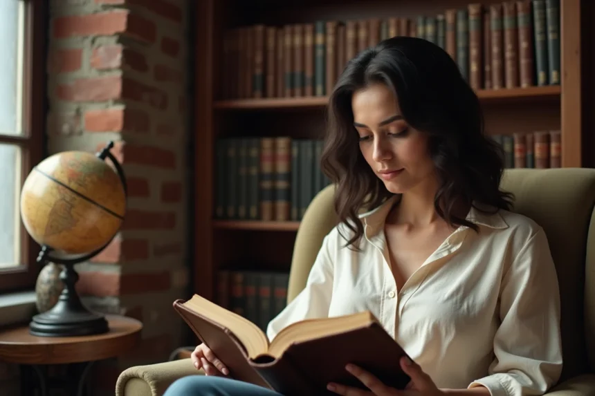 Femme lisant un roman historique dans une bibliothèque chaleureuse entourée de livres anciens
