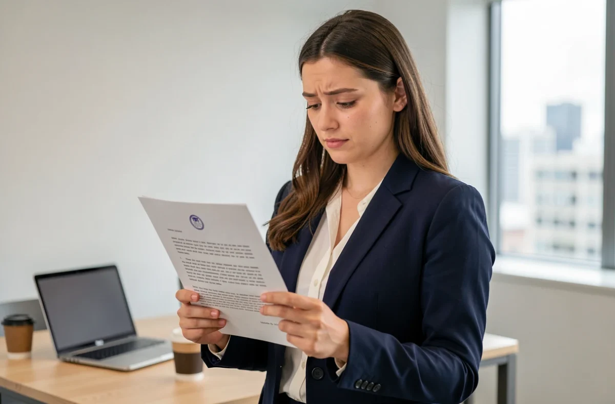 Une jeune femme professionnelle relit une lettre formelle adressée à un notaire dans un espace de travail moderne et minimaliste