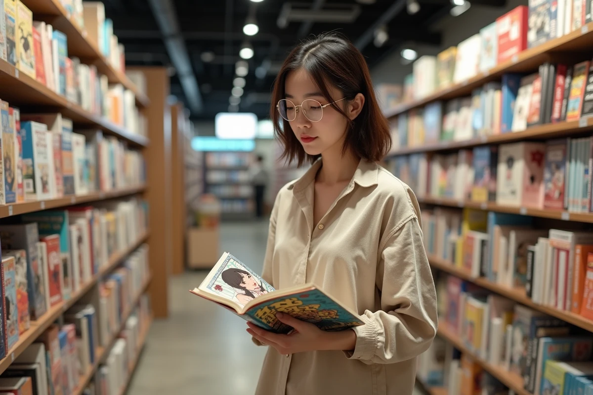 Femme parcourant les rayons d'une librairie spécialisée en manwha et manhwa coréens